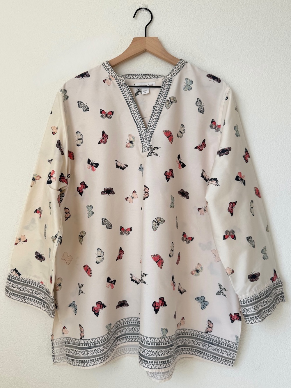Coldwater Creek Cream Butterfly Print V-Neck Tunic Cotton Blouse 2X